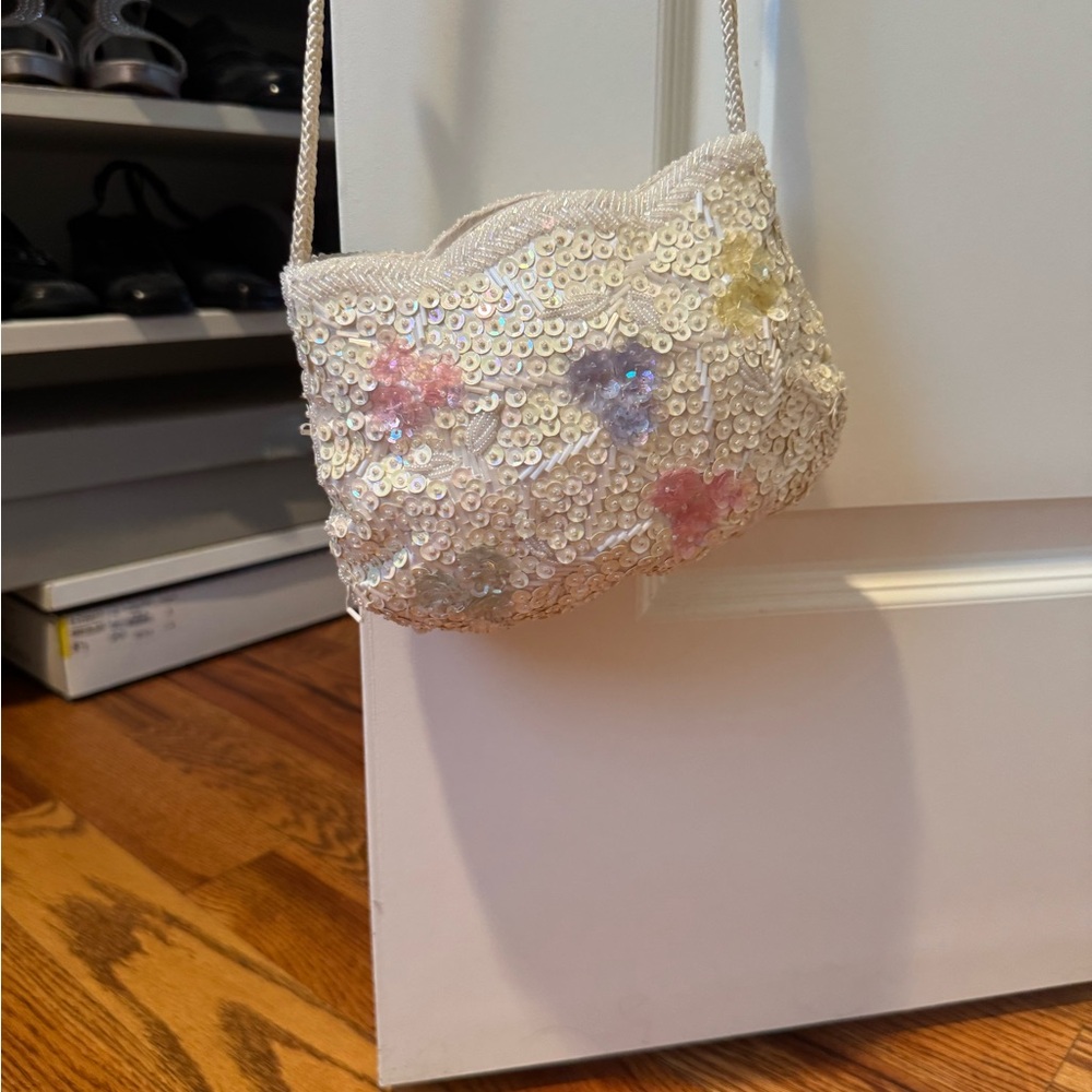 Iridescent White Beaded Floral Mini Shoulder Bag
